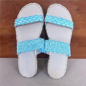 KARL LAGERFELD Nita Light Blue & White Beaded Espedrille Slide Sandals Size 8.5